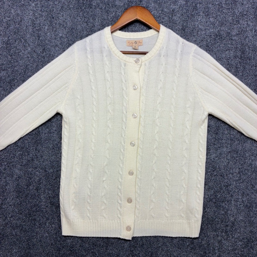 VTG Turtle Bay NY Ivory Cream Cable Knit Cardigan Sweater M Coastal Grandmother